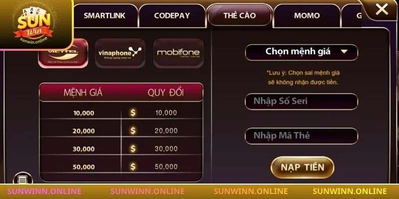 Cổng game Sunwin cung cấp rất nhiều cách thức để nạp cược.